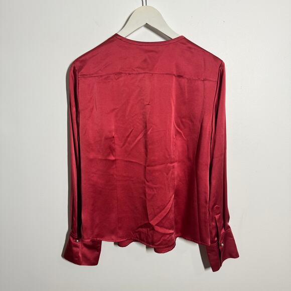 Talbots Top Women 10 Cranberry Red 100% Silk Faux Pearl Button Old Money Career - Picture 2 of 8